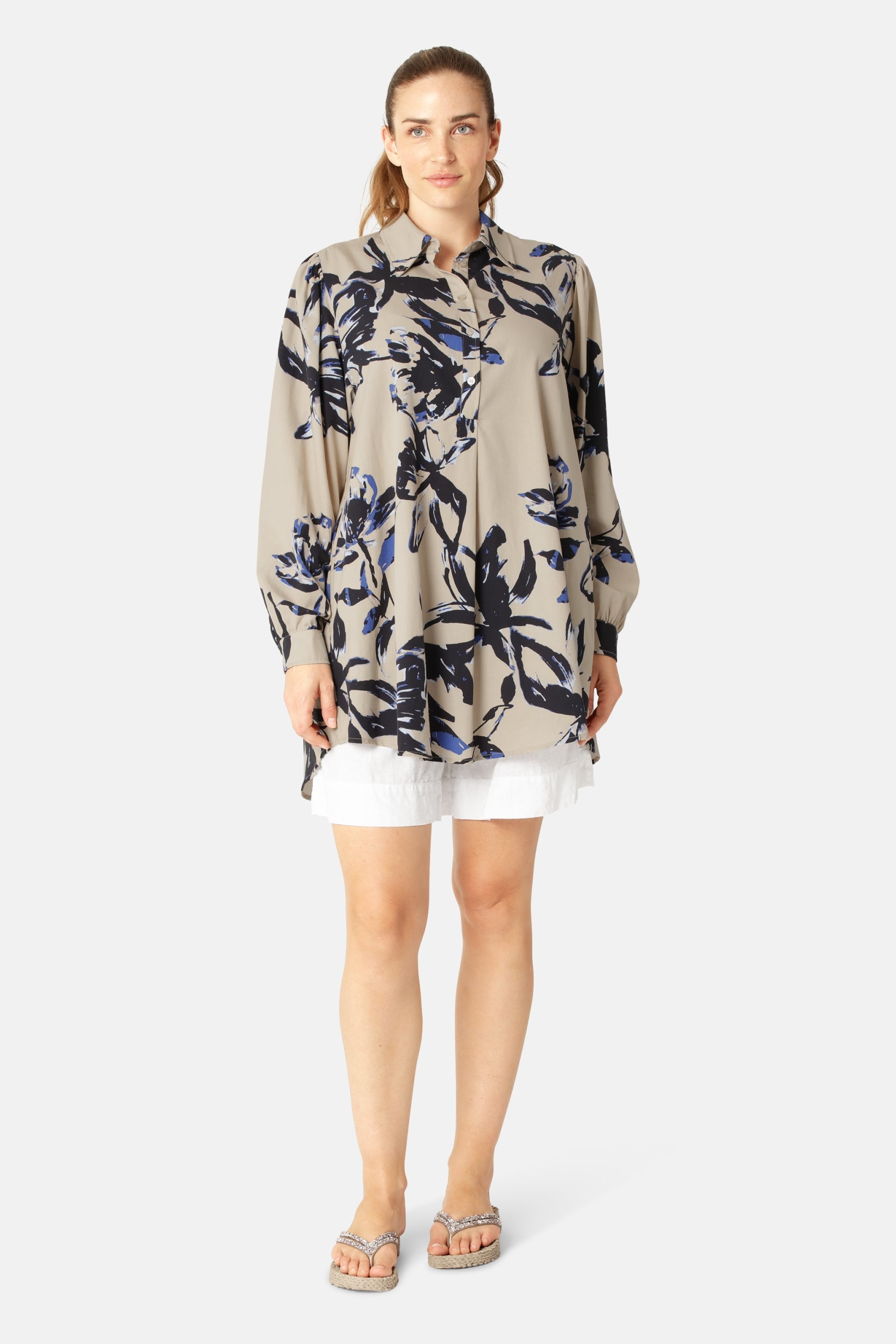 Lange Mouwen Tuniekjurk TENCELLA06P - 116 Sand Artsy Stroke Flower | Sand Artsy Stroke Flower | Shirt | Ilse Jacobsen